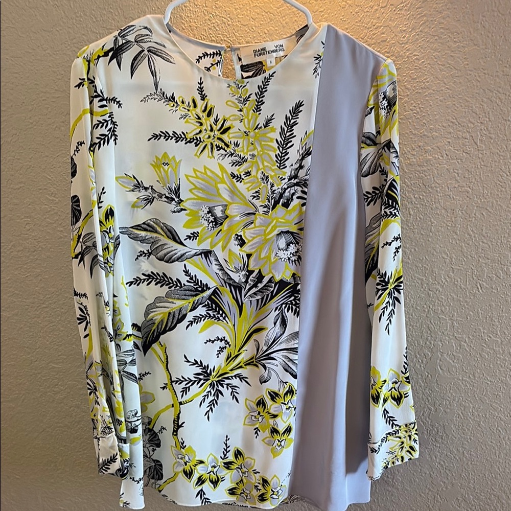 Diane Von Furstenberg 100% Silk White And Yellow Long Sleeve Blouse/ Size 6